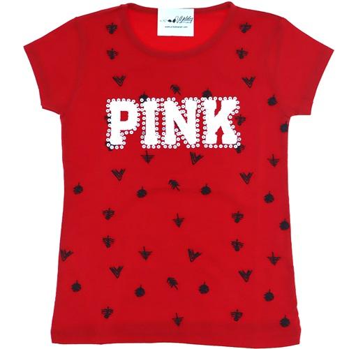 3113 Pink Süzüeneli Pullu İşlemeli Kız Penye Tişört Tshirt 5-8 Yaş