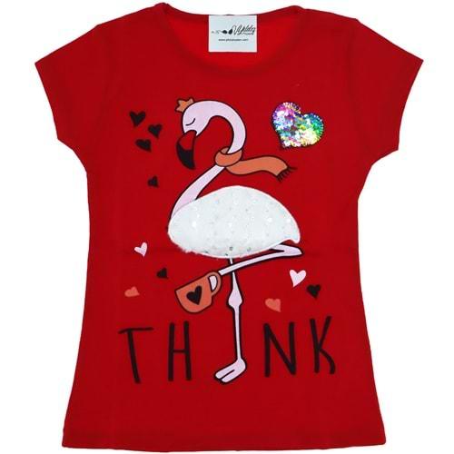 3267 Kuğulu Peluş İşlemeli Kız Penye Tişört 5-8 Yaş