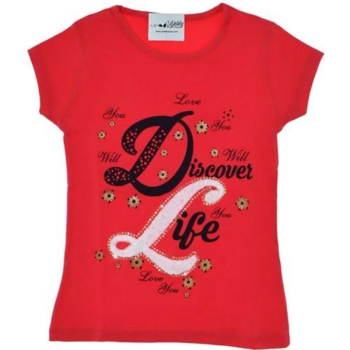 3106 D-L Süzeneli Baskılı Kız Penye Tişört 5-8 Yaş