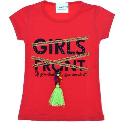 3038 Püsküllü Girls Baskılı Kız Penye Tişört 5-8 Yaş