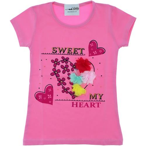 3205 Kalp Güllü Baskılı Kız Penye Tişört 9-12 Yaş