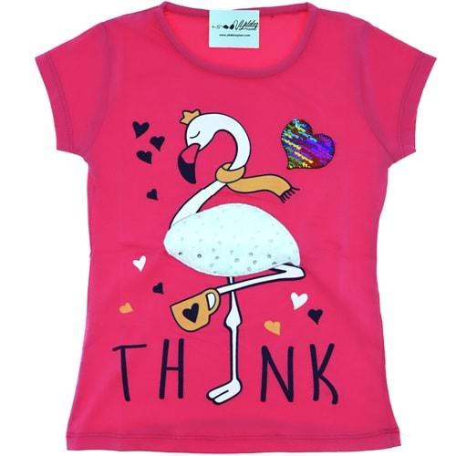 3274 Kuğulu Peluş Baskılı Kız Penye Tişört 9-12 Yaş