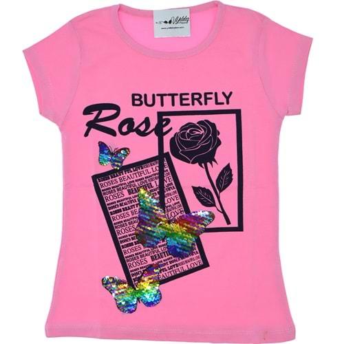 3083 Kelebek Pullu Baskılı Kız Penye Tişört 9-12 Yaş