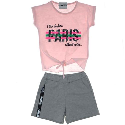 2531 Paris Taşlı Şortlu Penye Kız Çocuk Takım 3-6 Yaş