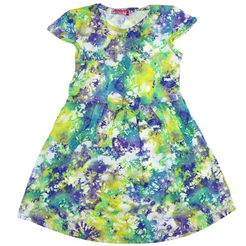 8005 Batık Desenli Penye Likralı Kız Çocuk Karpuz Kol Elbise 1-4 Yaş