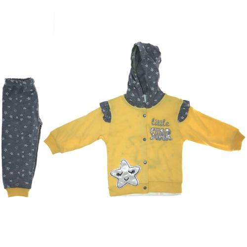 3058 Kız Kapşonlu Star İşlemeli 3 lü Penye Takım 9-18 Ay