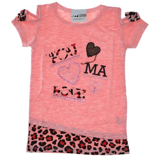 3102 Leoparlı Pencere Kol Love Taşlı Kız Çocuk Tişört 1-4 Yaş