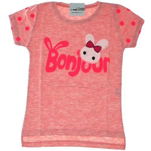 3075 Puantiyeli Bonjour Baskılı Kız Çocuk Tişört 1-4 Yaş