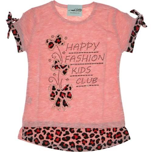 4104 Leoparlı Üç Papyonlu Taşlı Kız Çocuk Tişört 5-8 Yaş