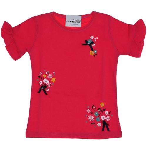 3047 Çiçek Baskılı Kolu Fırfırlı Kız Çocuk Tişört 1-4 Yaş