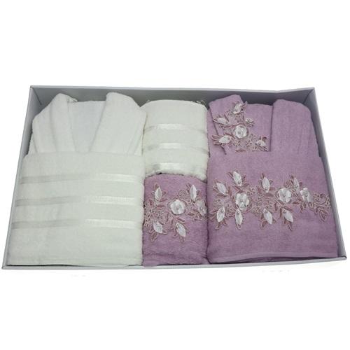 Bellina Kadife Eko 3D Aplik Güpürlü Aile Bornoz Seti 6 Parça