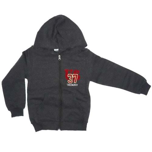 US37 Nakışlı Üç İplik Fermuarlı Kapşonlu Erkek Çocuk Hırka 9-12 Yaş