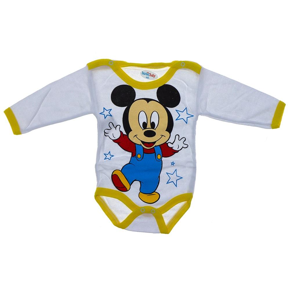 Burtaç Bebe 0067 Bebe Mickey Mouse Baskılı Likralı Penye Uzun Kol Çıtçıtlı Badi 3-9 Ay(56-62-68)