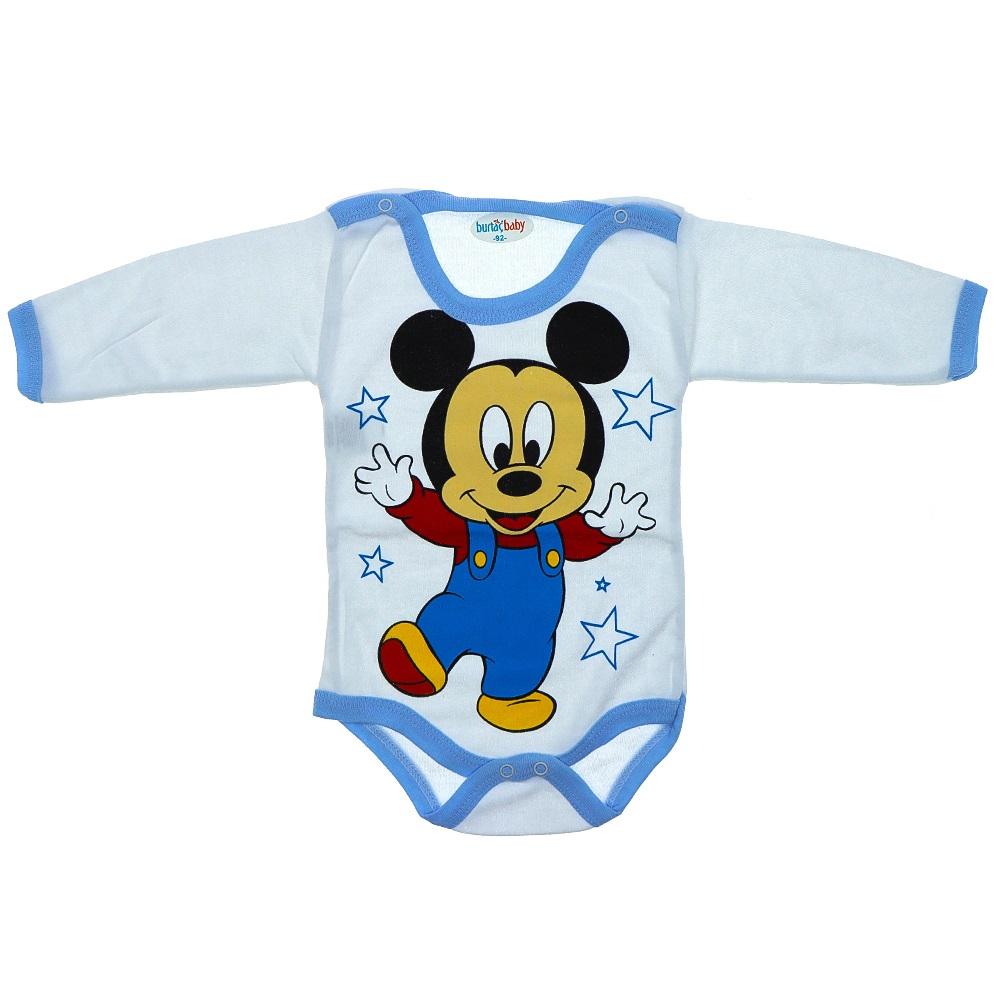 Burtaç Bebe 0067 Bebe Mickey Mouse Baskılı Likralı Penye Uzun Kol Çıtçıtlı Badi 3-9 Ay(56-62-68)