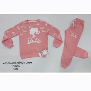 ZARA-1027 Kız Çocuk Penye Sıfır Yaka Barbie Baskılı Takım 2-8 Yaş