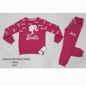 ZARA-1027 Kız Çocuk Penye Sıfır Yaka Barbie Baskılı Takım 2-8 Yaş