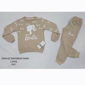 ZARA-1027 Kız Çocuk Penye Sıfır Yaka Barbie Baskılı Takım 2-8 Yaş