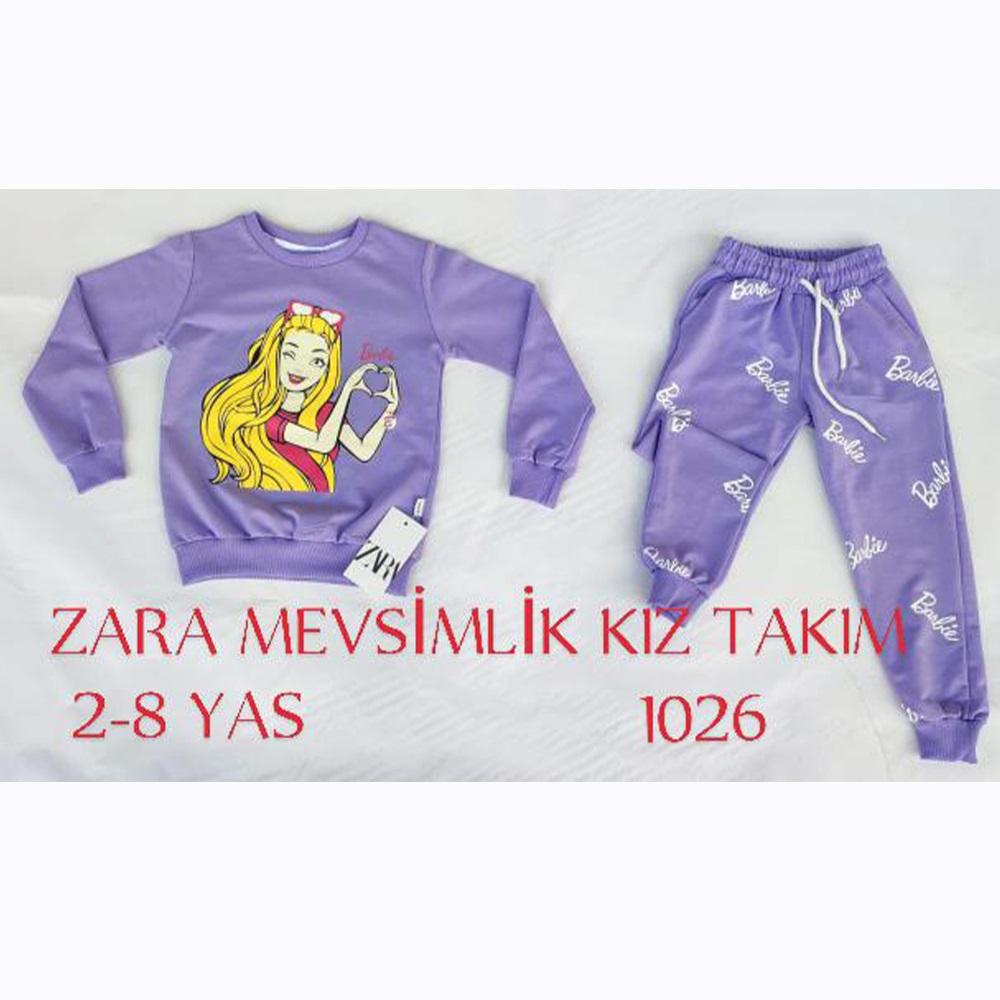 ZARA-1026 Kız Çocuk Penye Sıfır Yaka Barbie Kız Baskılı Takım 2-8 Yaş