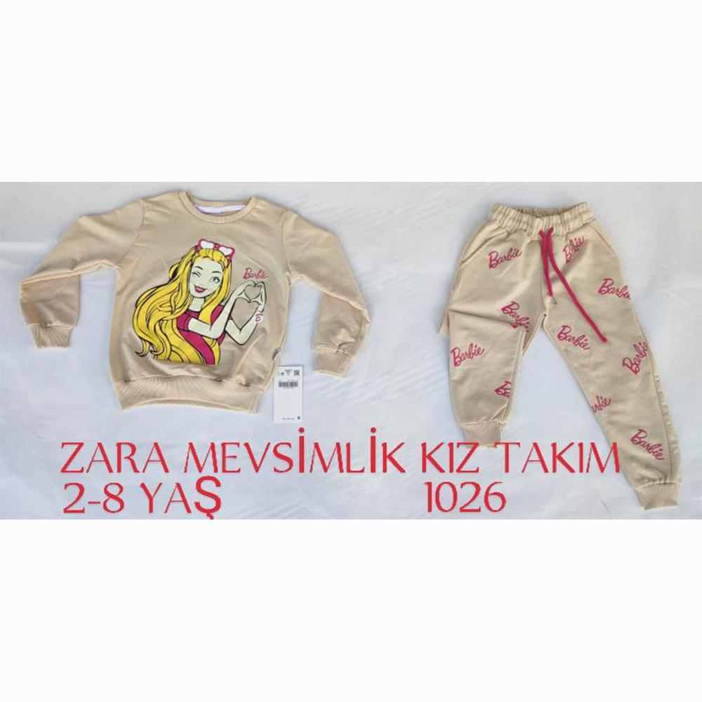 ZARA-1026 Kız Çocuk Penye Sıfır Yaka Barbie Kız Baskılı Takım 2-8 Yaş