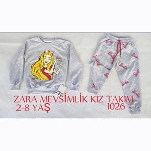 ZARA-1026 Kız Çocuk Penye Sıfır Yaka Barbie Kız Baskılı Takım 2-8 Yaş