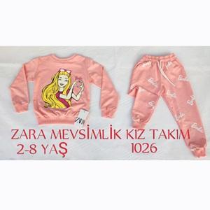 ZARA-1026 Kız Çocuk Penye Sıfır Yaka Barbie Kız Baskılı Takım 2-8 Yaş