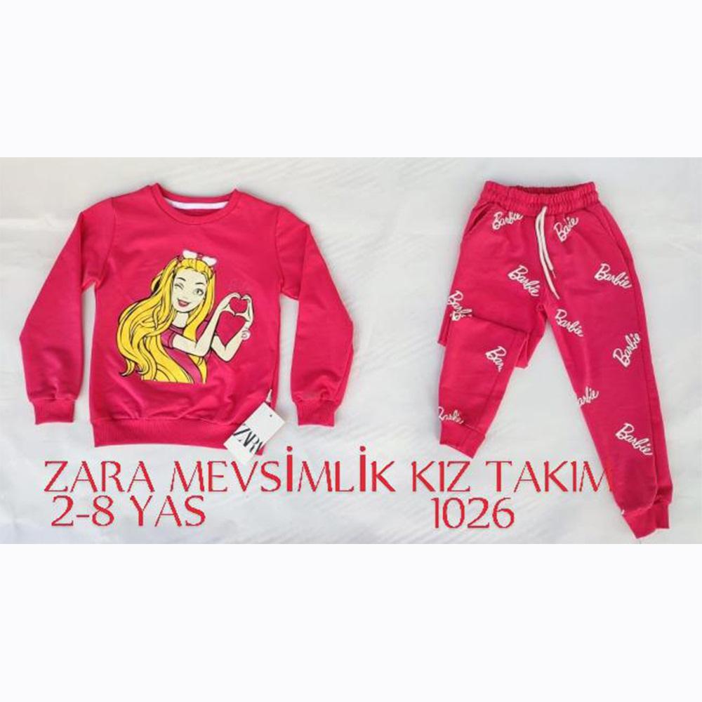 ZARA-1026 Kız Çocuk Penye Sıfır Yaka Barbie Kız Baskılı Takım 2-8 Yaş